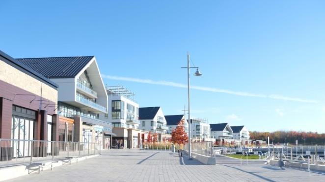 Stores along the promenade at Friday Harbour Resort