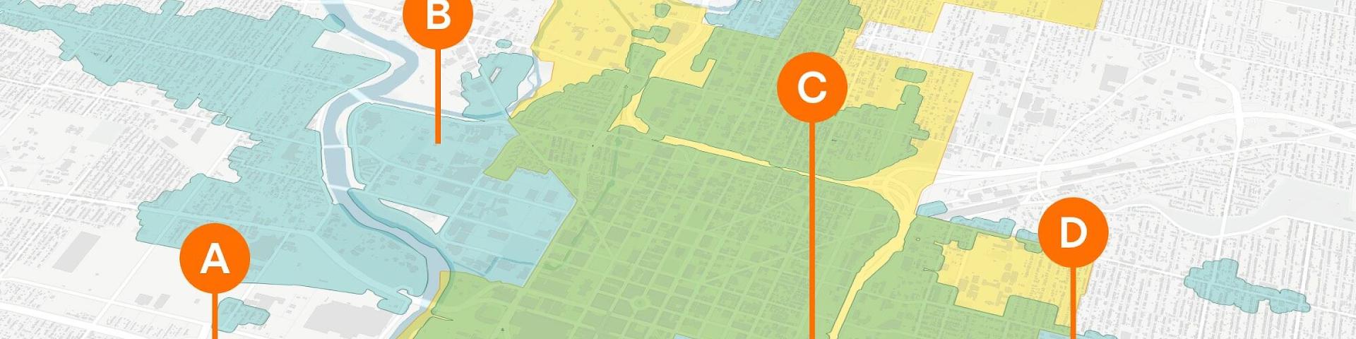 A map with pins noting A, B, C and D